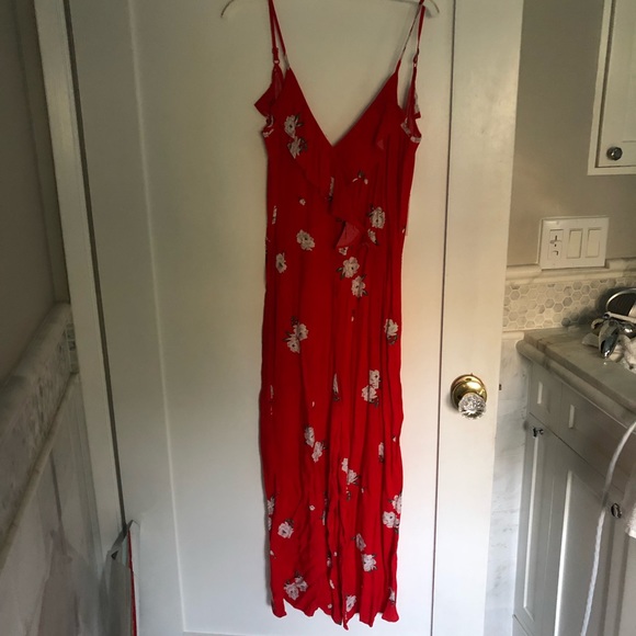 H&M Pants & Jumpsuits Hm Floral Red Jumpsuit Overall Ruffle Wide